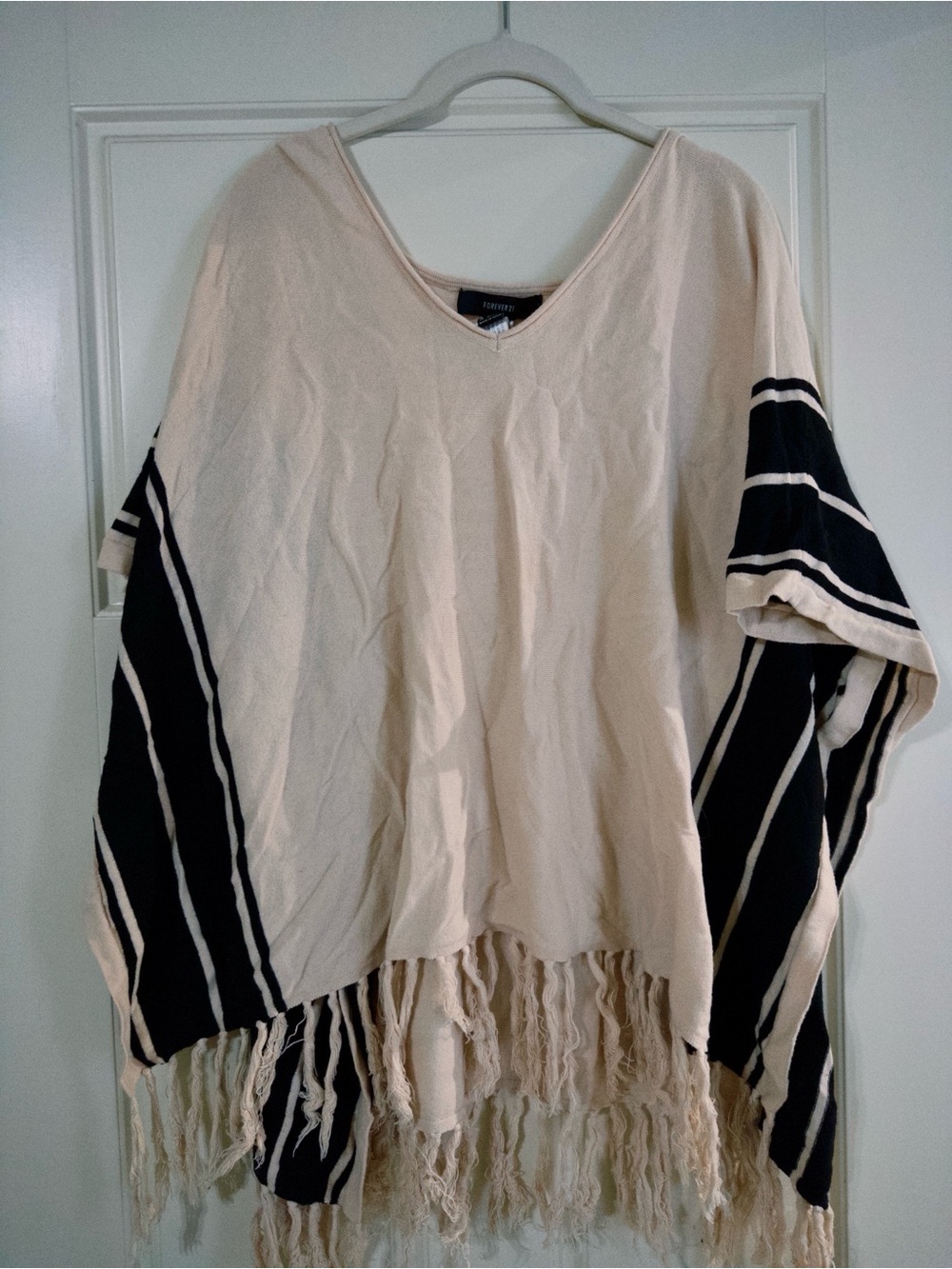 Forever 21 Cream Tunic Poncho with Black Striped Sleeves